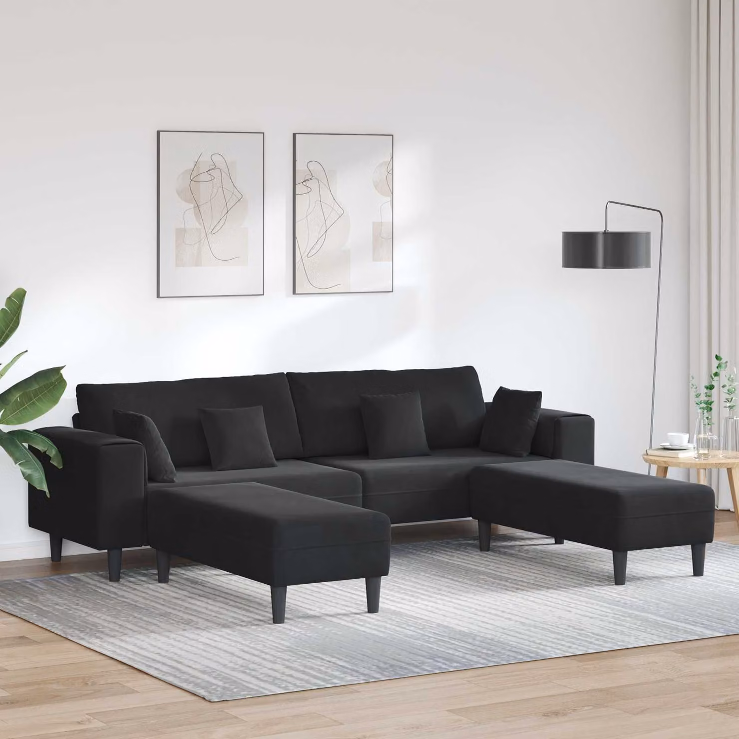 Divano moderno vidaXL in velluto nero con cuscini per soggiorno