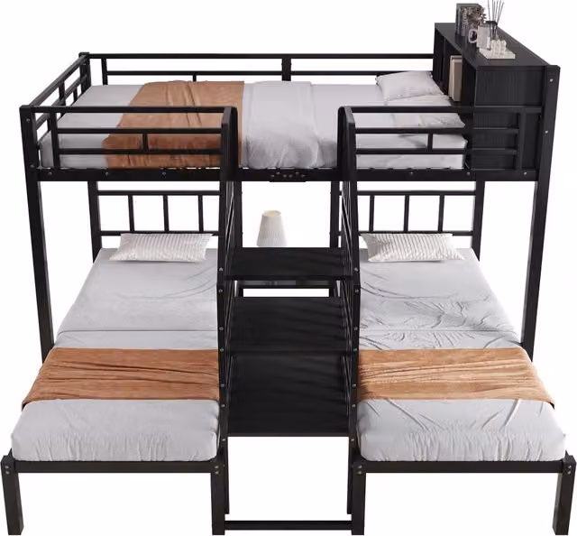 Letto a castello REDOM per bambini in metallo e legno nero con scale e scomparti laterali L/P/H: 239 x 208 x 161 cm