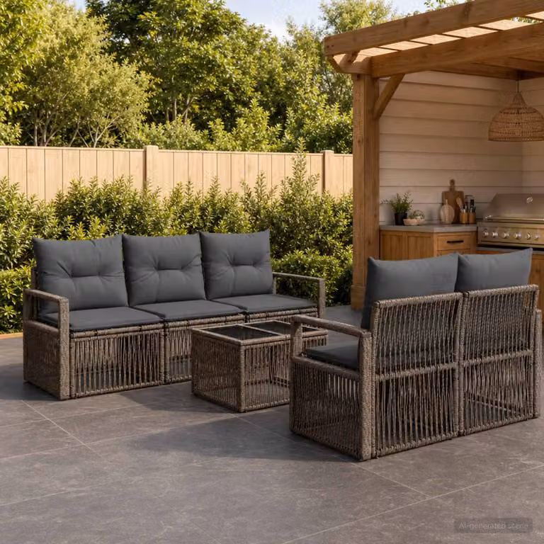 Set Divano da Giardino vidaXL 6 pz Grigio con Tavolino e Cuscini in Polyrattan e Acciaio