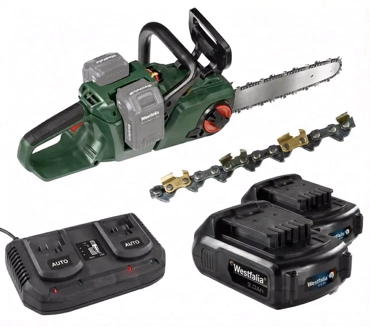 Motosega a Batteria GMAK 36/40 40cm, 1300W, 20 m/s, con 2 batterie 18V 2.0Ah Li-Ion, Caricabatteria Rapido e Catena titanio Corazzata