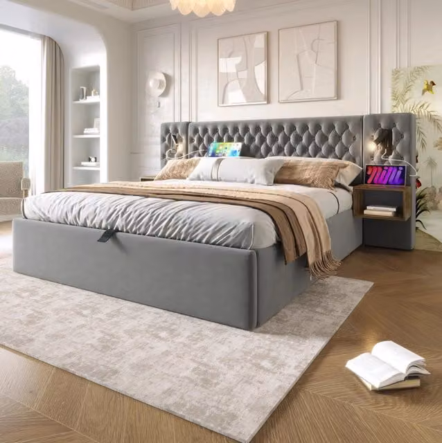 Letto contenitore 180x200 cm con 2 comodini e luci lettura; velluto grigio (Senza materasso)