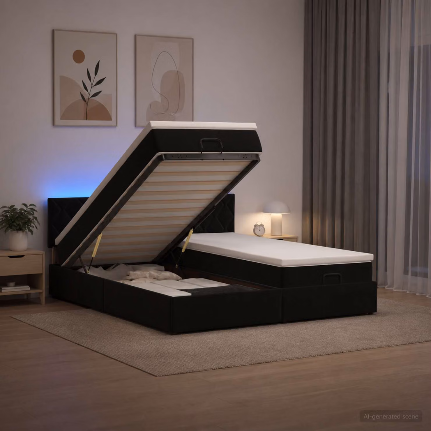 Letto Ottomano con Materasso e Illuminazione LED vidaXL in Velluto Nero L: 160 cm, P: 200 cm, H: 88 cm