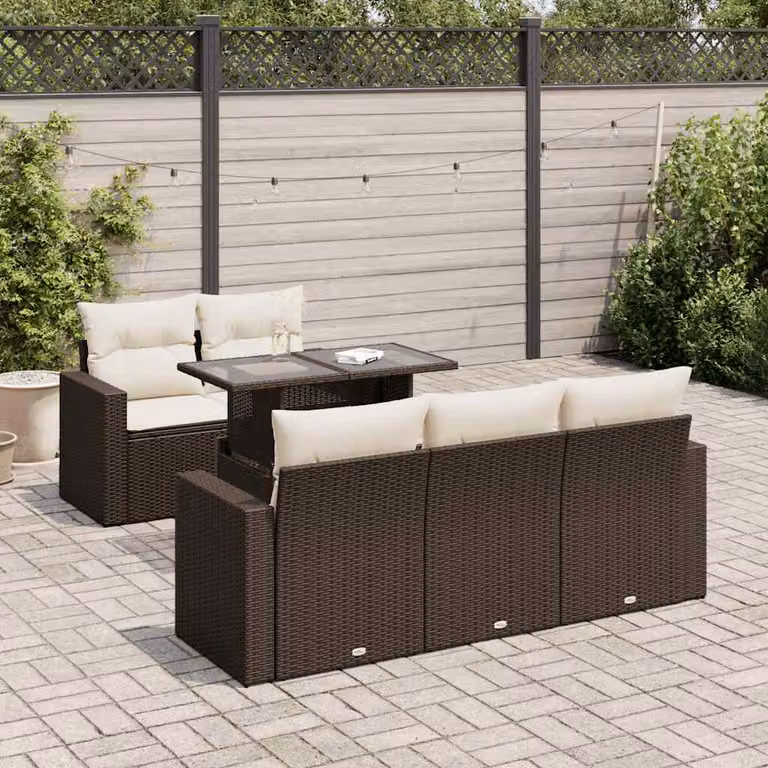 Set Divano da Giardino vidaXL 6 pz a Forma a L con Cuscini Marrone e Bianco in Polyrattan e Metallo