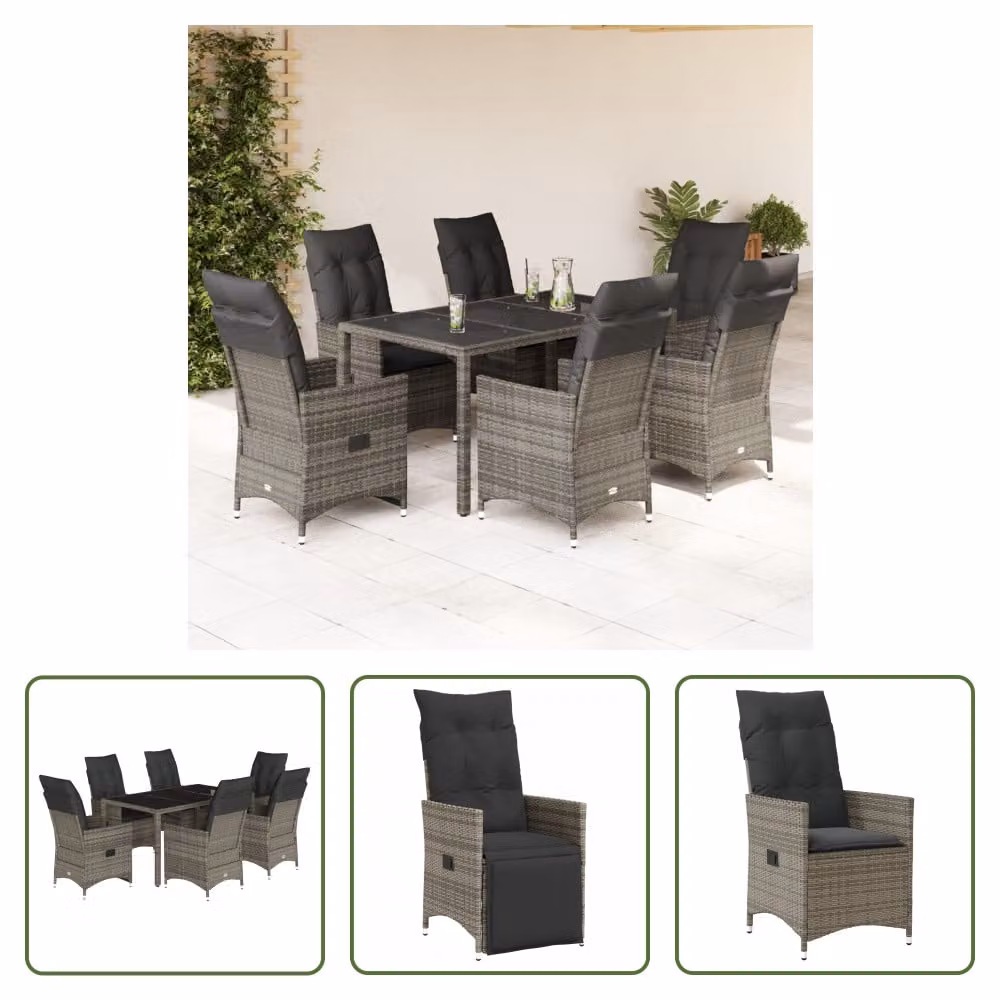 The Living Store Set da pranzo da giardino 7 pezzi con cuscini in poly rattan grigio