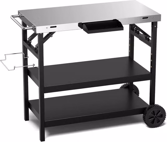 Carrello Barbecue Costway in Metallo e Acciaio Inox con 3 Ripiani, Colore Nero e Argento