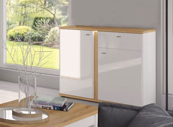 Credenza cassettiera Avila 94 cm rovere Artisan fronte MDF bianco lucido