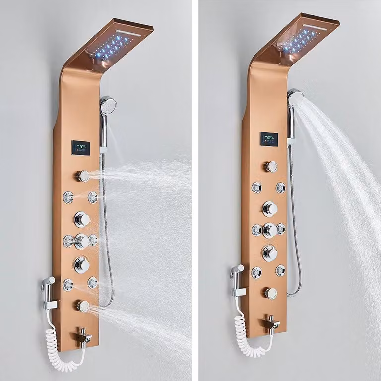 Pannello doccia LED con display LCD – design color oro rosa, 6 modalità d'acqua, colonna doccia con effetto pioggia e cascata