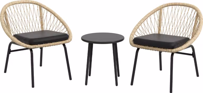 Set da giardino in rattan Moonbite, composto da 3 pezzi: 2 poltrone e un tavolino da caffè con diametro di 40 cm. Set bistro con cuscini, resistente agli agenti atmosferici, ideale per balcone e terrazza. Materiale: rattan. Colore: giallo