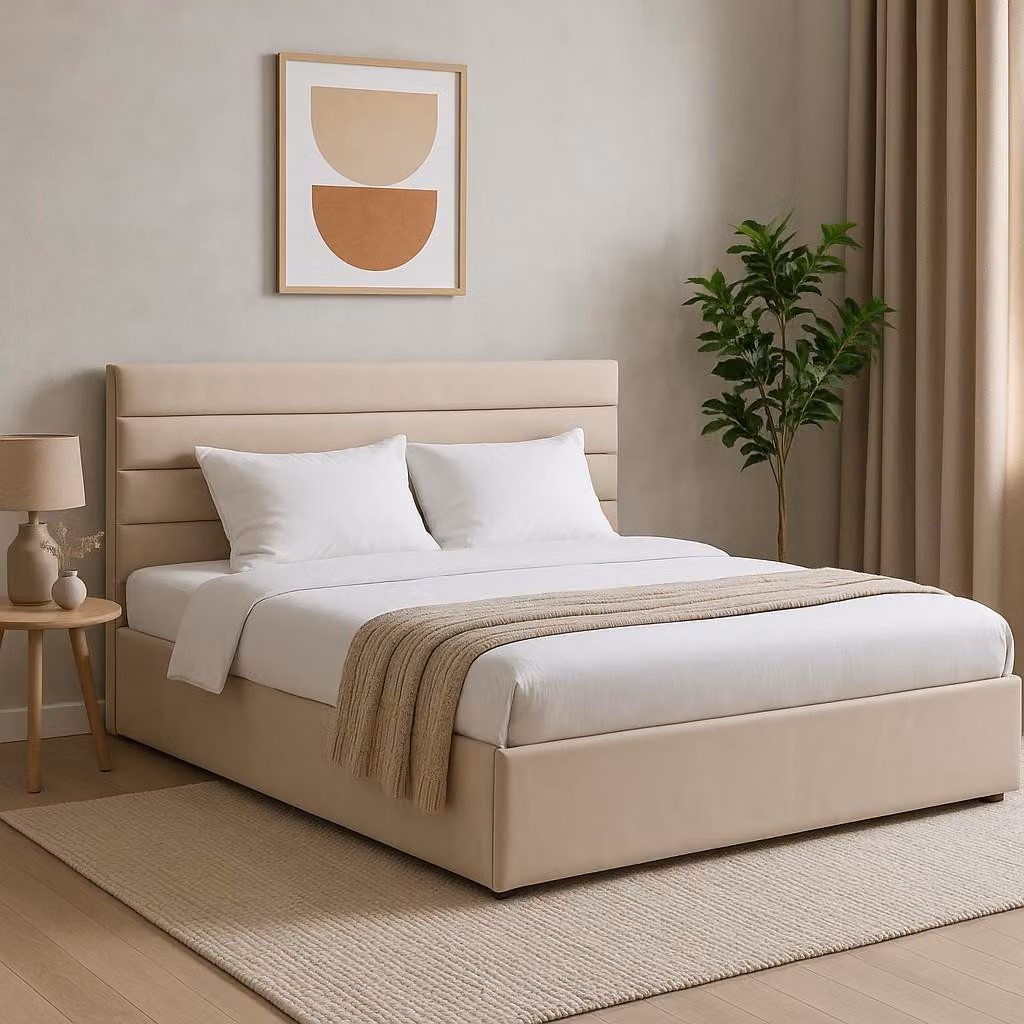 GUTTO Letto imbottito 140x200 Rete a doghe in metallo Velluto beige con contenitore e contenitore