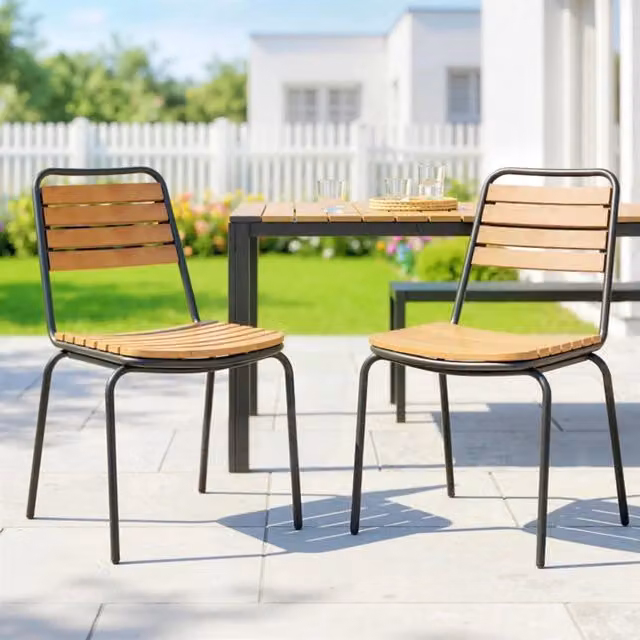 Set da 2 Sedie da Giardino in Acciaio Verniciato e Legno di Eucalipto, Impilabili, Capacità 160kg, Colore Naturale