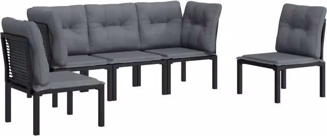 Set da giardino Outsunny a forma di L composto da 5 pezzi in resina intrecciata con struttura in acciaio nero e cuscini grigi