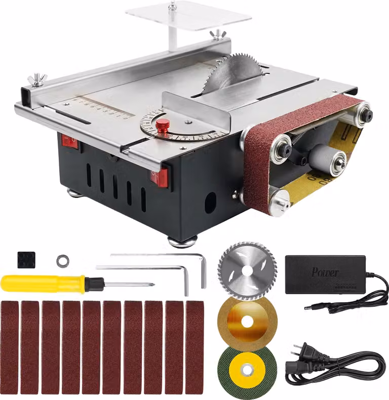 Sega circolare da banco e levigatrice a nastro, potenza 200 W, profondità di taglio 33 mm, kit 1