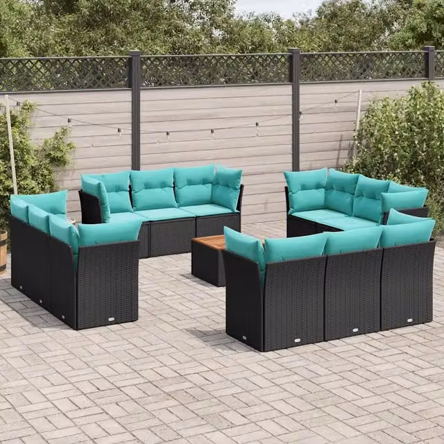 Set di Divani da Giardino a Forma di U con Cuscini vidaXL in Polyrattan Nero e Blu con Tavolino da Esterno – 1