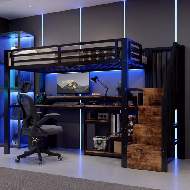 Letto a soppalco 90 × 200 cm con scala contenitore, ripiano, LED, USB e Type-C, senza materasso, nero