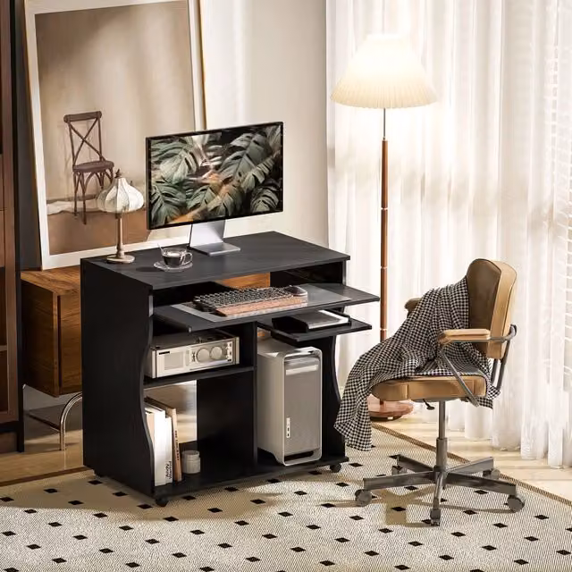 Scrivania per PC WISHDOR nera con ruote e design minimalista, L: 80 cm, P: 48 cm, H: 75 cm – 1