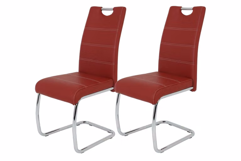 Hela Tische, set di 2 sedie per sala da pranzo a sbalzo Flora - rivestimento in Pelle finta rosso bordeaux - struttura in metallo cromato - portata 120 kg - schienale con maniglia