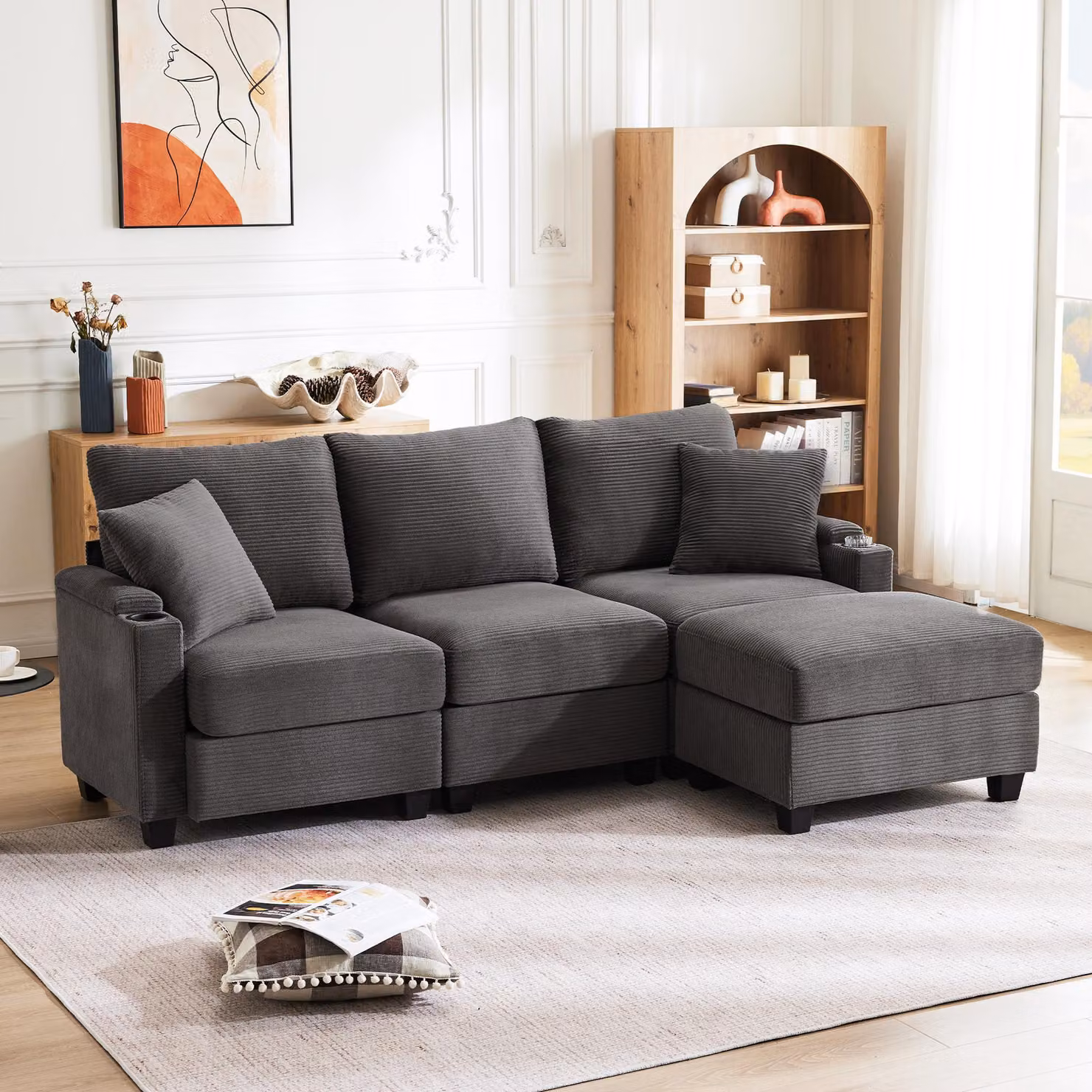 Divano angolare Merax, con funzione sleep, divano a L a 3 posti con poggiapiedi, portabicchieri, USB, Tipo C, bracciolo portaoggetti, divano, divano letto, velluto a coste, grigio