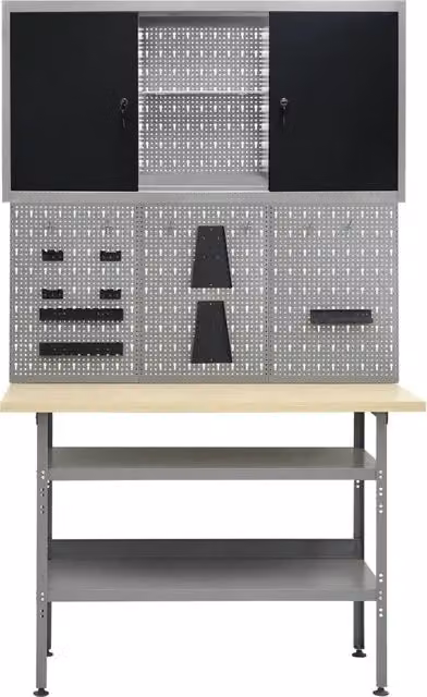 Banco da Lavoro vidaXL in Acciaio con 3 Pannelli Forati e 1 Armadietto, Regolabile in Altezza, Grigio e Nero, L/P/H: 120 x 60 x 85 cm
