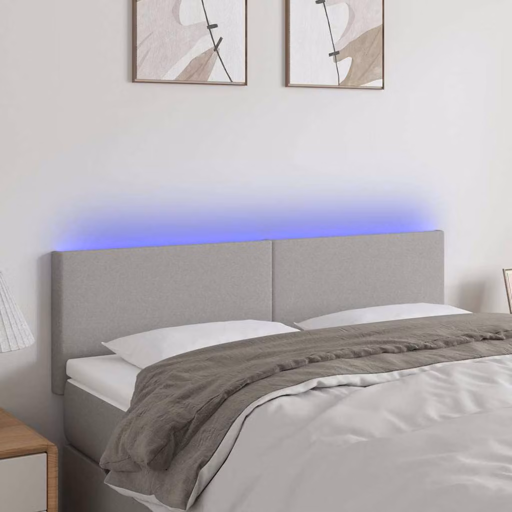 Testiera per letto vidaXL in tessuto grigio con illuminazione LED e porta USB, L 144 x P 5 x H 78/88 cm
