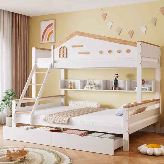 Letto a castello per bambini 205 x 148;5 x 167;5 cm; posti letto 90 x 200 e 140 x 200 cm; bianco e legno naturale