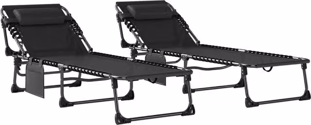 Set di 2 Lettini Prendisole da Giardino Pieghevoli e Reclinabili su 5 Livelli con Cuscini Impermeabili e Riposabrachia, L/P/H: 200 x 57 x 38 cm, Nero – 1
