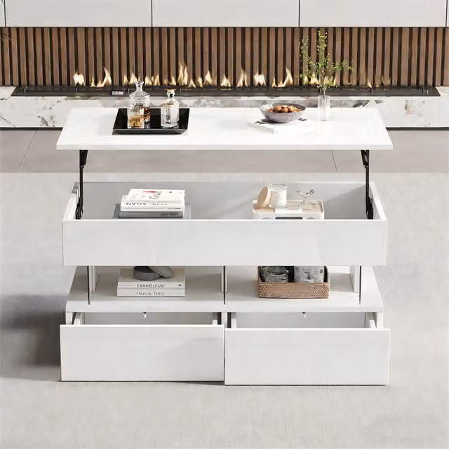 Tavolino da caffè MINIMAL bianco lucido con meccanismo sollevabile e cassetti L 100 x P 50 x H 46 cm – 1