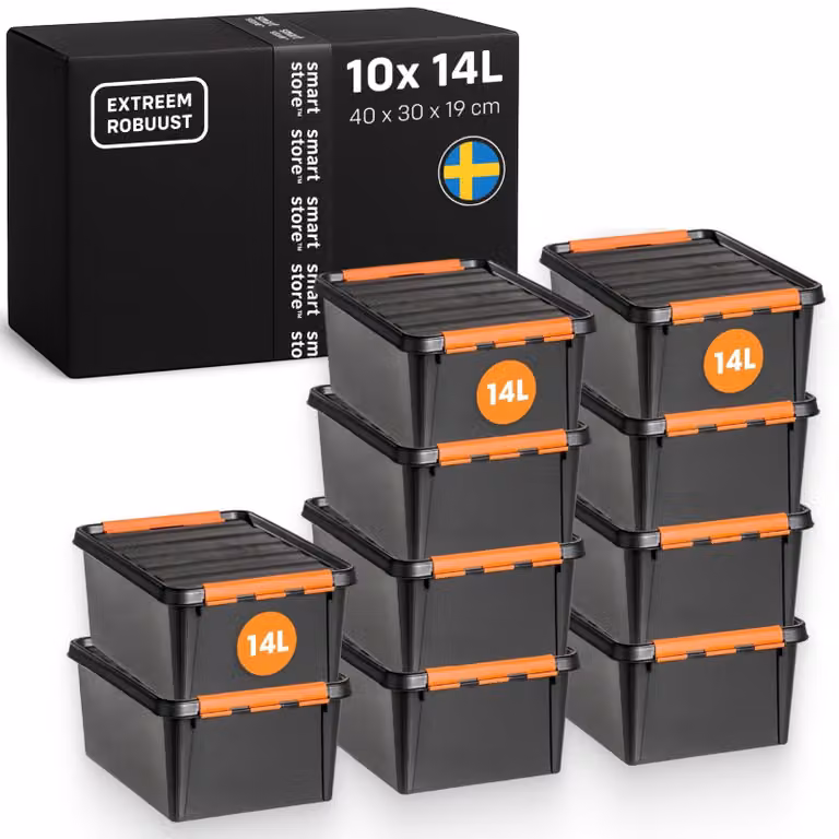 Contenitore robusto con coperchio, capacità 14 litri, set da 10, colore nero