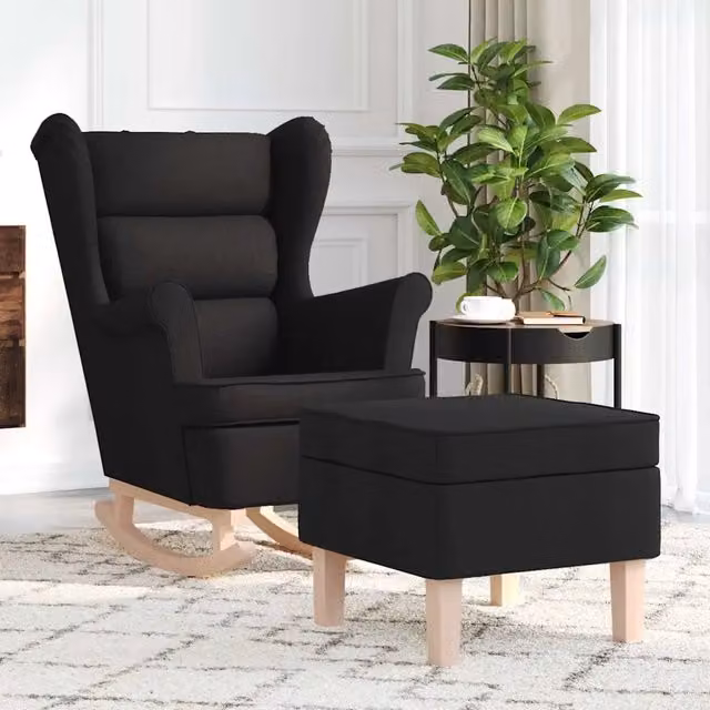 Sedia a dondolo con poggiapiedi in tessuto nero e struttura in legno di gomma per adulti