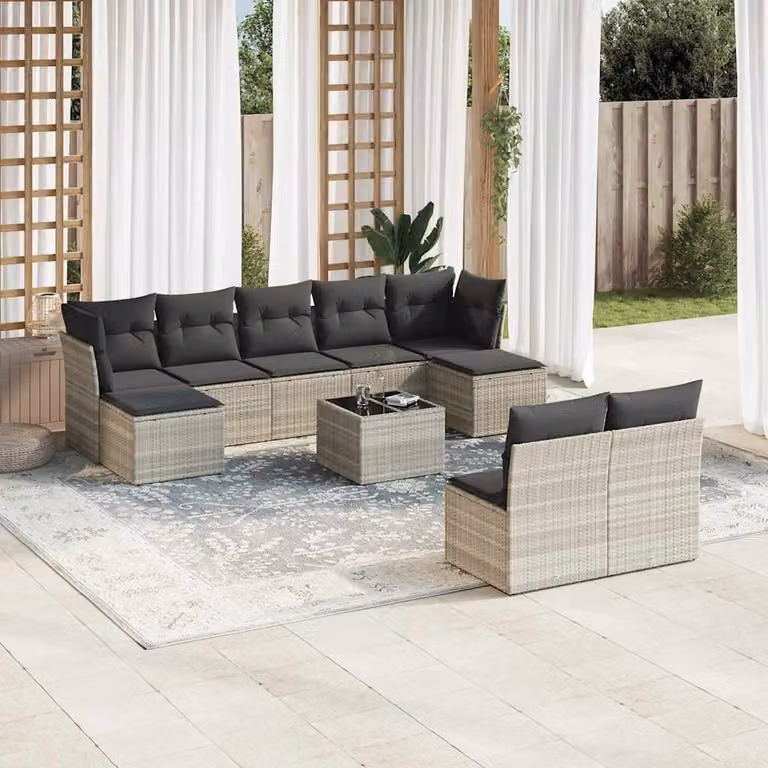 vidaXL Set Divano da Giardino 10 Pezzi in Polyrattan Grigio con Cuscini e Tavolino da Esterno