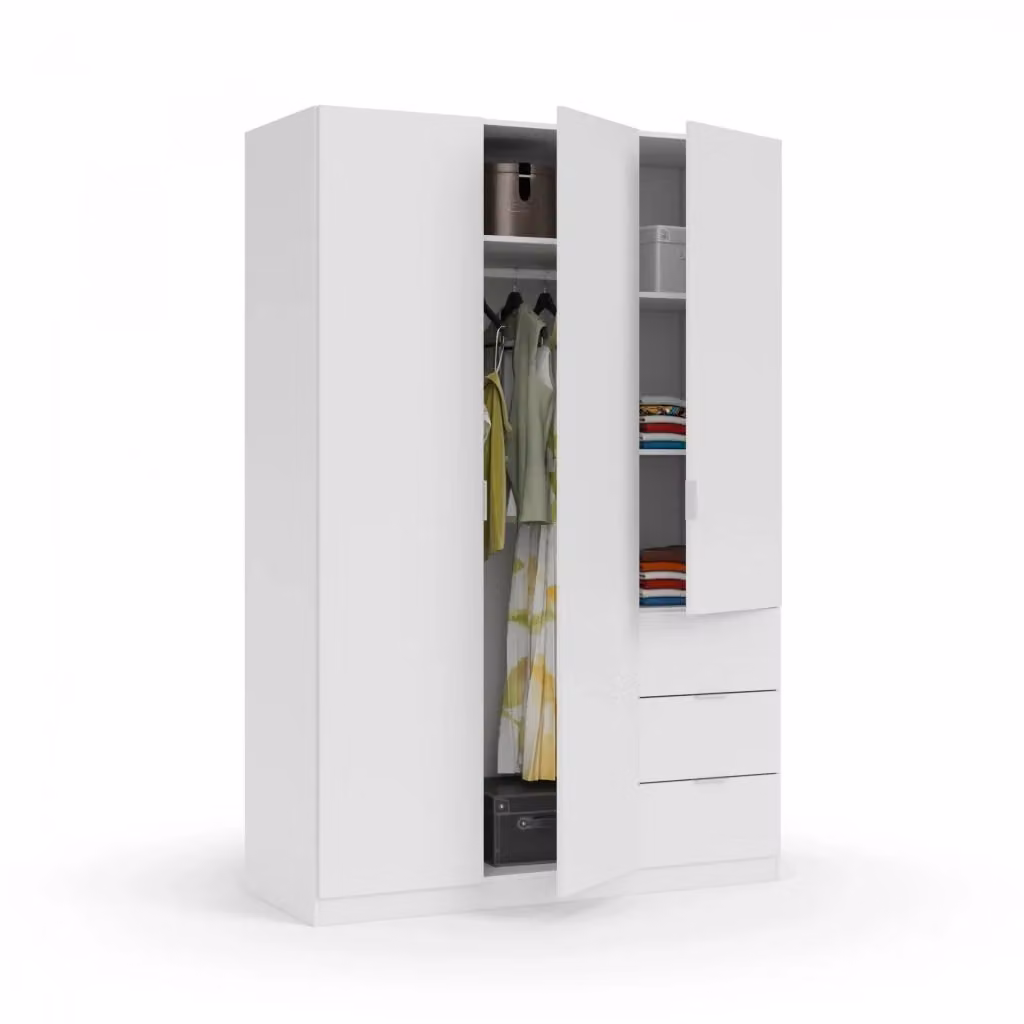 Armadio Ade DMORA per camera da letto con 3 ante e 3 cassetti, Bianco opaco, L: 135 cm, P: 52 cm, H: 200 cm – 2