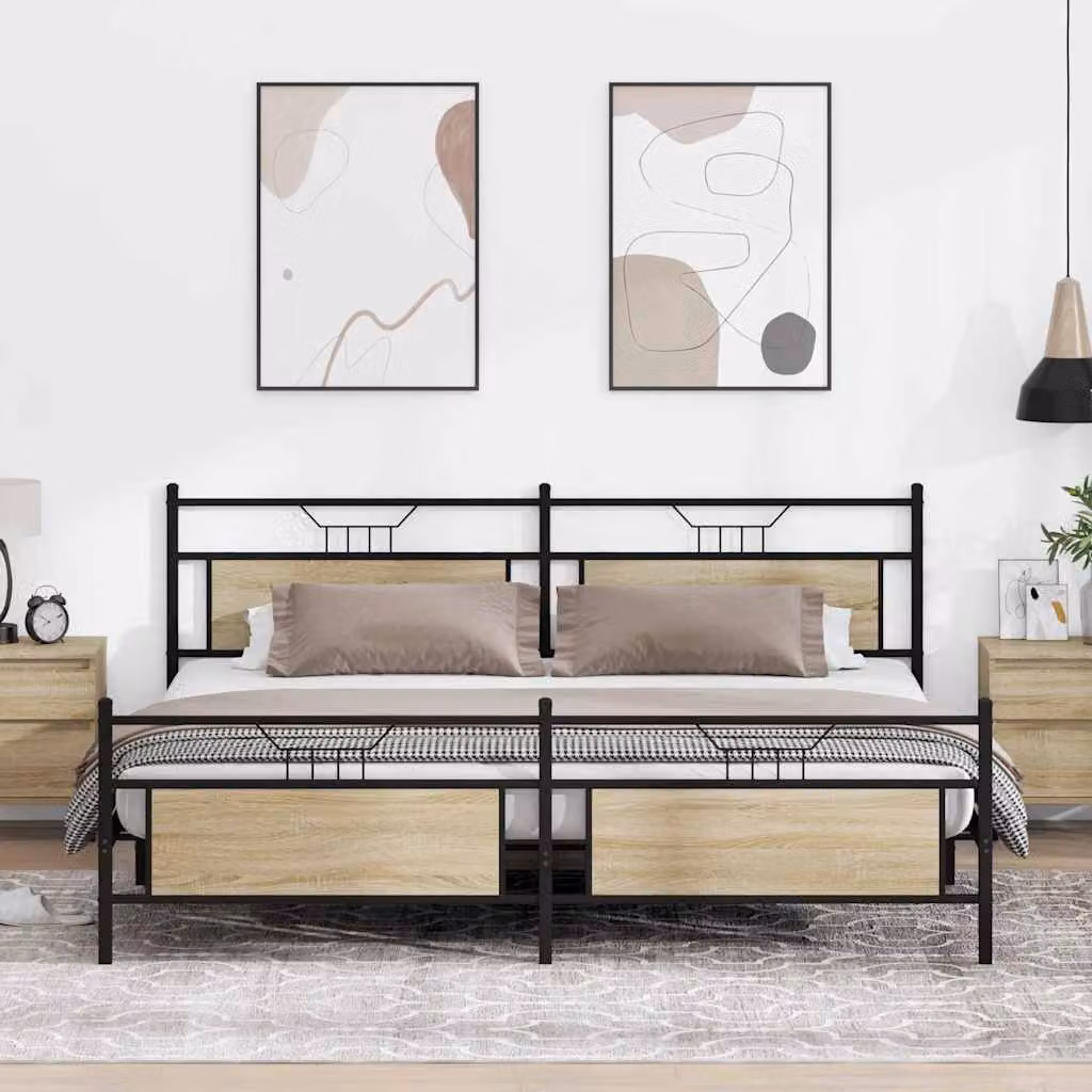 vidaXL Giroletto in Metallo e MDF Rovere Sonoma e Nero L: 199 cm, P: 207 cm, H: 91,5 cm
