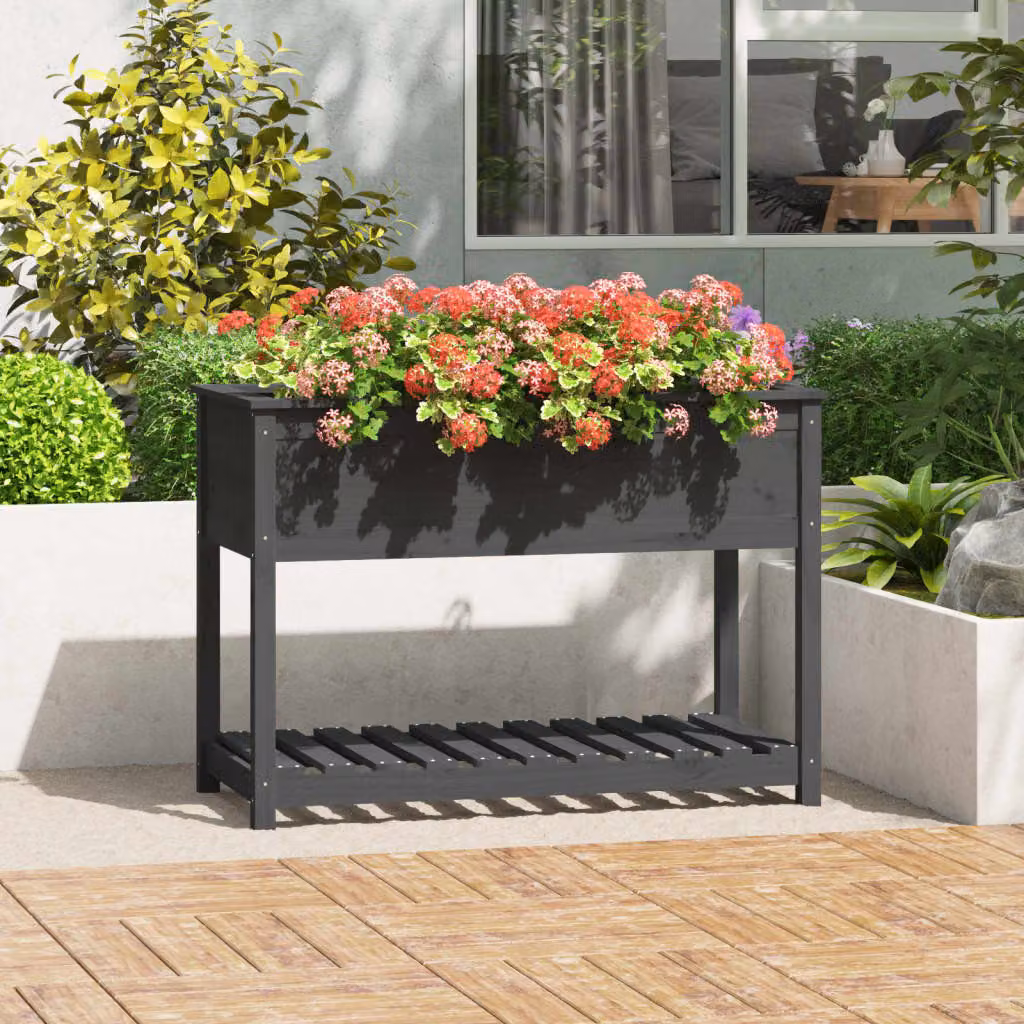 vidaXL Fioriera con Mensola in Legno di Pino Grigio L: 111,5 cm, P: 54 cm, H: 81 cm