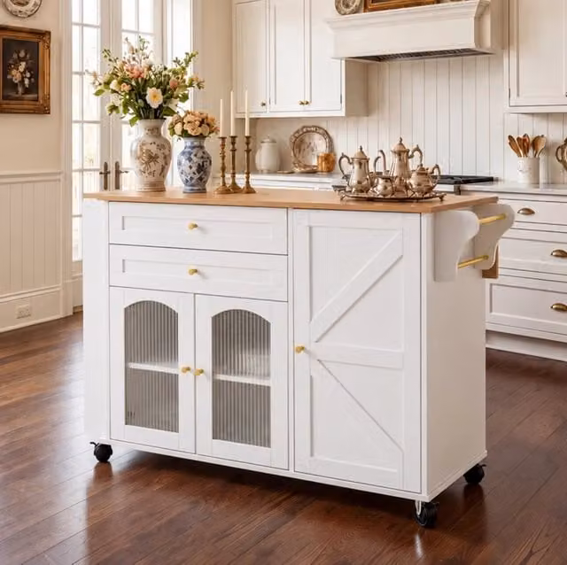 Isola da cucina mobile 110 cm con piano ribaltabile; 2 cassetti e ripiani; bianco