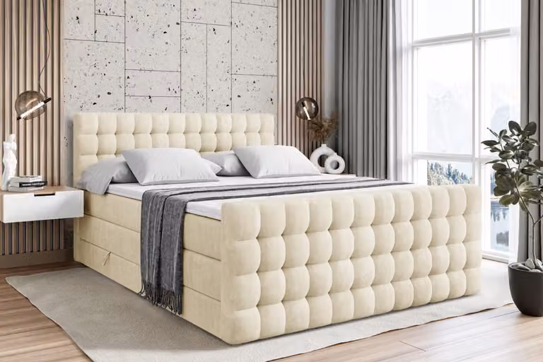 Letto boxspring ALTDECOR con materasso e rete a doghe - VIONE -Z KING - 200x200 cm - Beige Monolith - Coprimaterasso, pediera, letto imbottito con contenitore, letto con vano portaoggetti H3 e H4 - Materasso, letto matrimoniale, letto boxspring