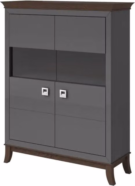 Buffet alto moderno Meublorama con 2 ante per soggiorno, colore grigio e bianco, L: 150 cm, H: 116 cm, P: 44 cm