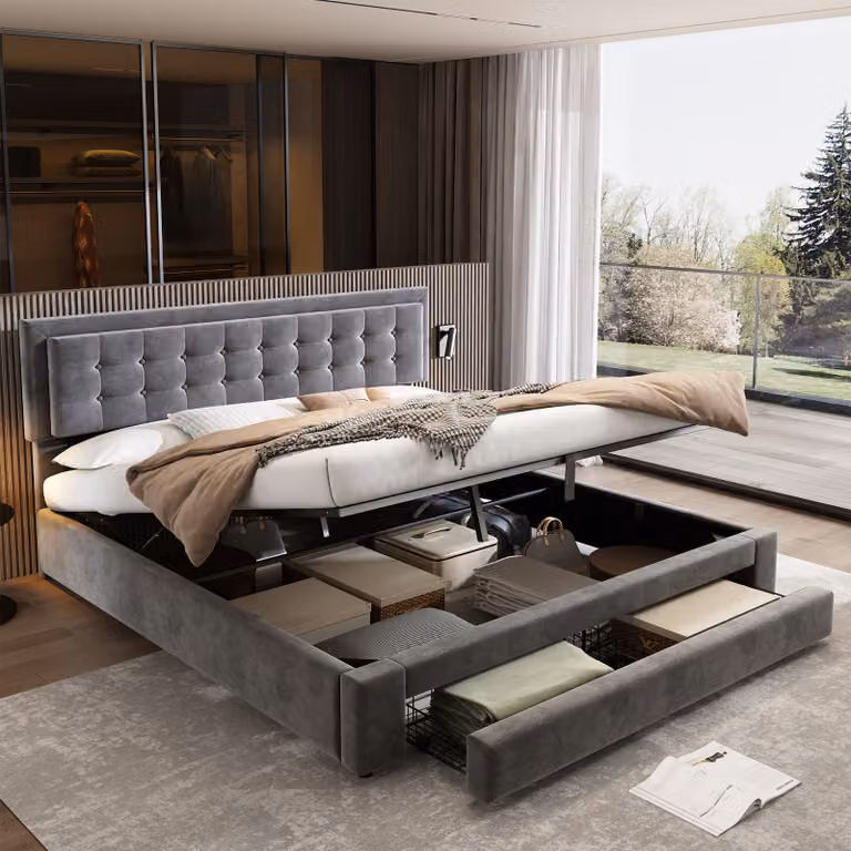 Letto imbottito Okwish 160x200 cm, letto matrimoniale idraulico con cassetti e vano contenitore, materasso escluso - grigio