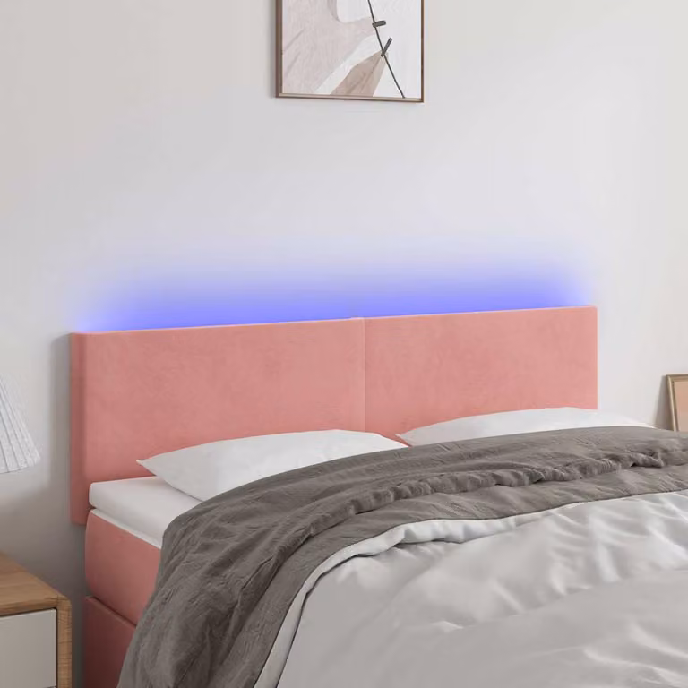 Testiera per letto vidaXL in velluto rosa con illuminazione LED e porta di ricarica USB, L: 144 cm, P: 5 cm, H: 78-88 cm