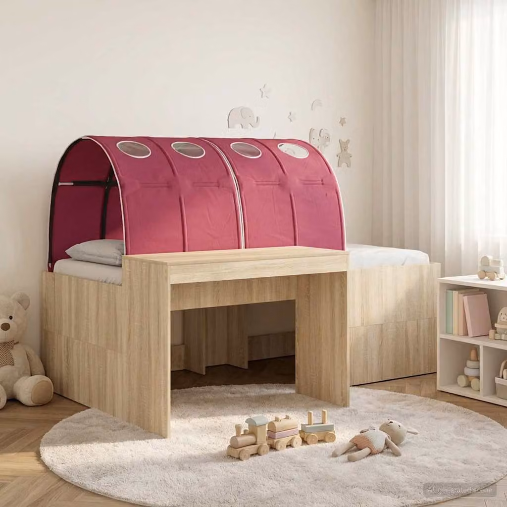 vidaXL Letto alto per bambini con scrivania 3 pz in legno ingegnerizzato, Rovere Sonoma e Rosso, L: 193 cm, P: 120 cm, H: 133,5 cm