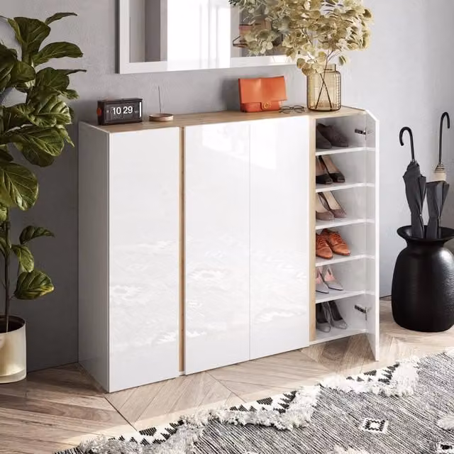 Credenza DMORA in MDF Bianco Lucido con finitura Oak, L 140 cm x P 35 cm x H 111 cm