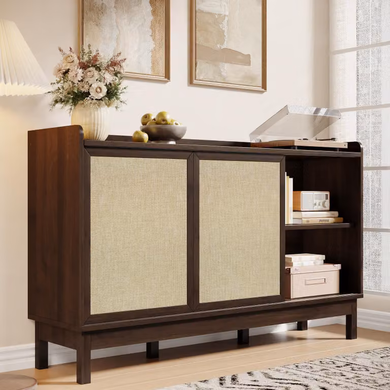 Credenza Merax con ante scorrevoli e doppi cassetti, mobile contenitore, design retrò con effetto color block, per sala da pranzo e soggiorno, colore naturale