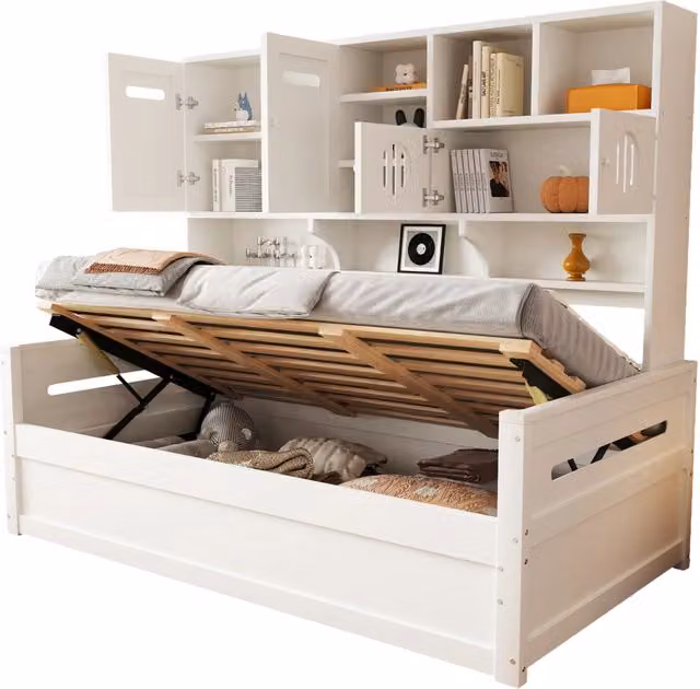 Letto a Divanetto Singolo con Contenitore e Mensole in Legno Bianco L 90 x P 200 cm