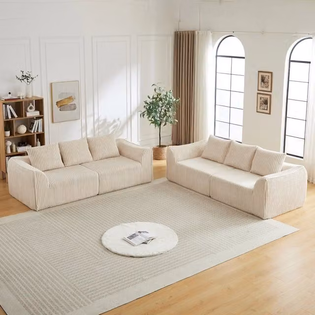 Divano modulare in velluto a coste con linee curve e seduta extra larga senza montaggio, beige chiaro per soggiorno