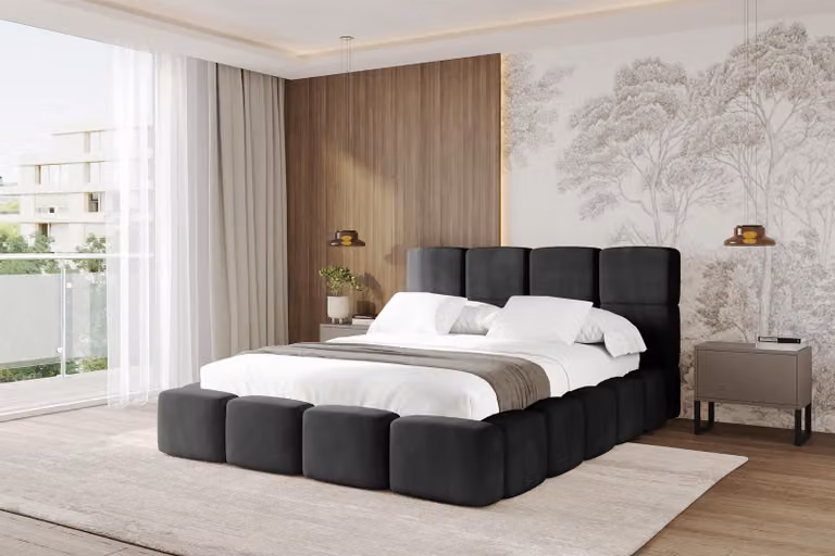 Letto imbottito ALTDECOR con contenitore - NATA 140x200 nero, letto con testiera, letto contenitore senza materasso, letto matrimoniale con contenitore