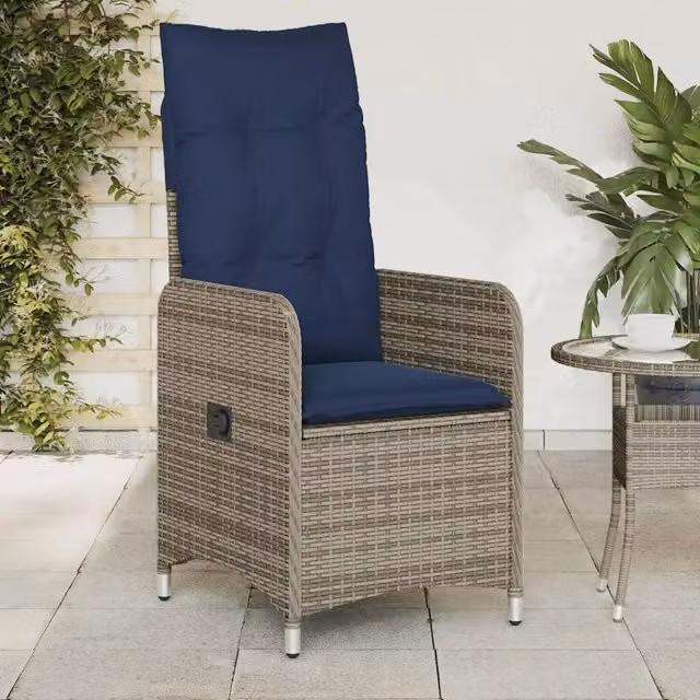 Set di 2 sedie da giardino reclinabili vidaXL in polyrattan grigie con cuscini blu e poggiatesta regolabile – 1