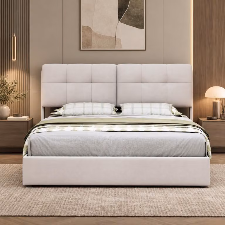 Letto matrimoniale idraulico INONEFT, 160x200 cm, con LED e USB, letto per giovani con spazio contenitore, struttura letto matrimoniale con testiera e rete a doghe, in velluto, color beige