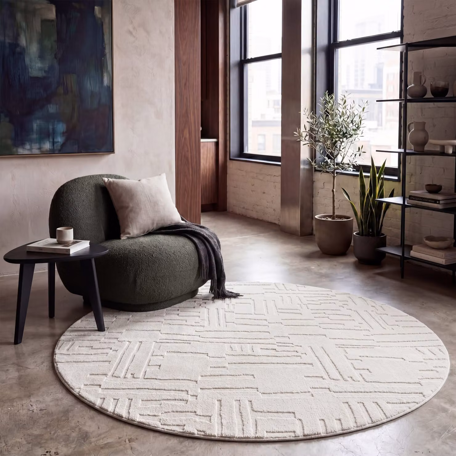 Tappeto rotondo moderno Tokko beige in poliestere con design geometrico scandinavo, Diametro: 160 cm – 2