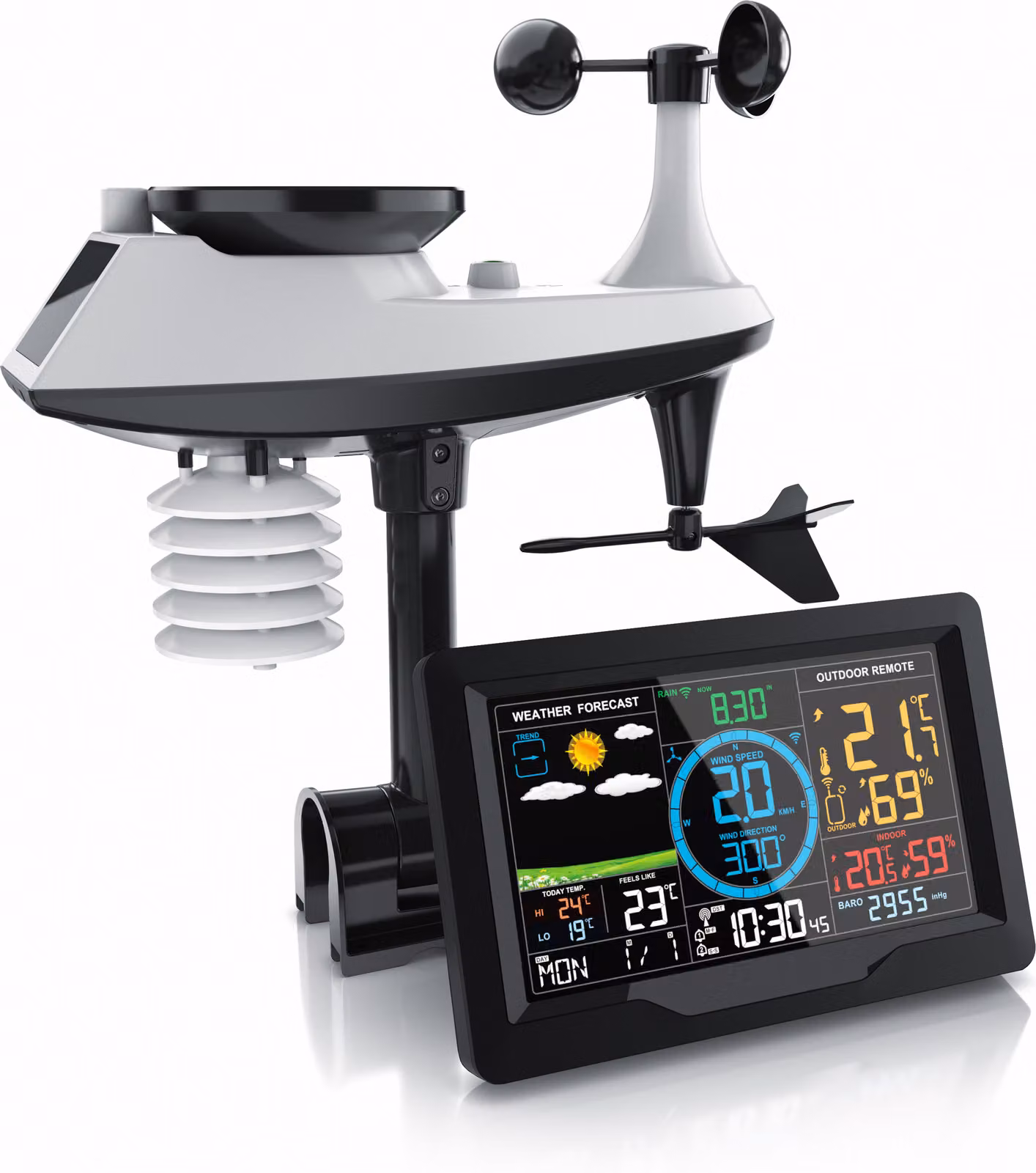 Stazione meteorologica wireless Brandson con sensore da esterno 5 in 1 - display a colori a LED - DCF - termometro igrometro barometro - velocità del vento - precipitazioni - pannello solare