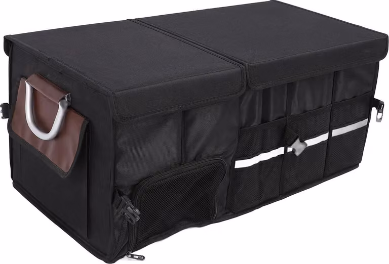 Organizer pieghevole per bagagliaio, impermeabile, tessuto Oxford, scomparti multipli, contenitore con coperchio, strisce riflettenti, 92 l
