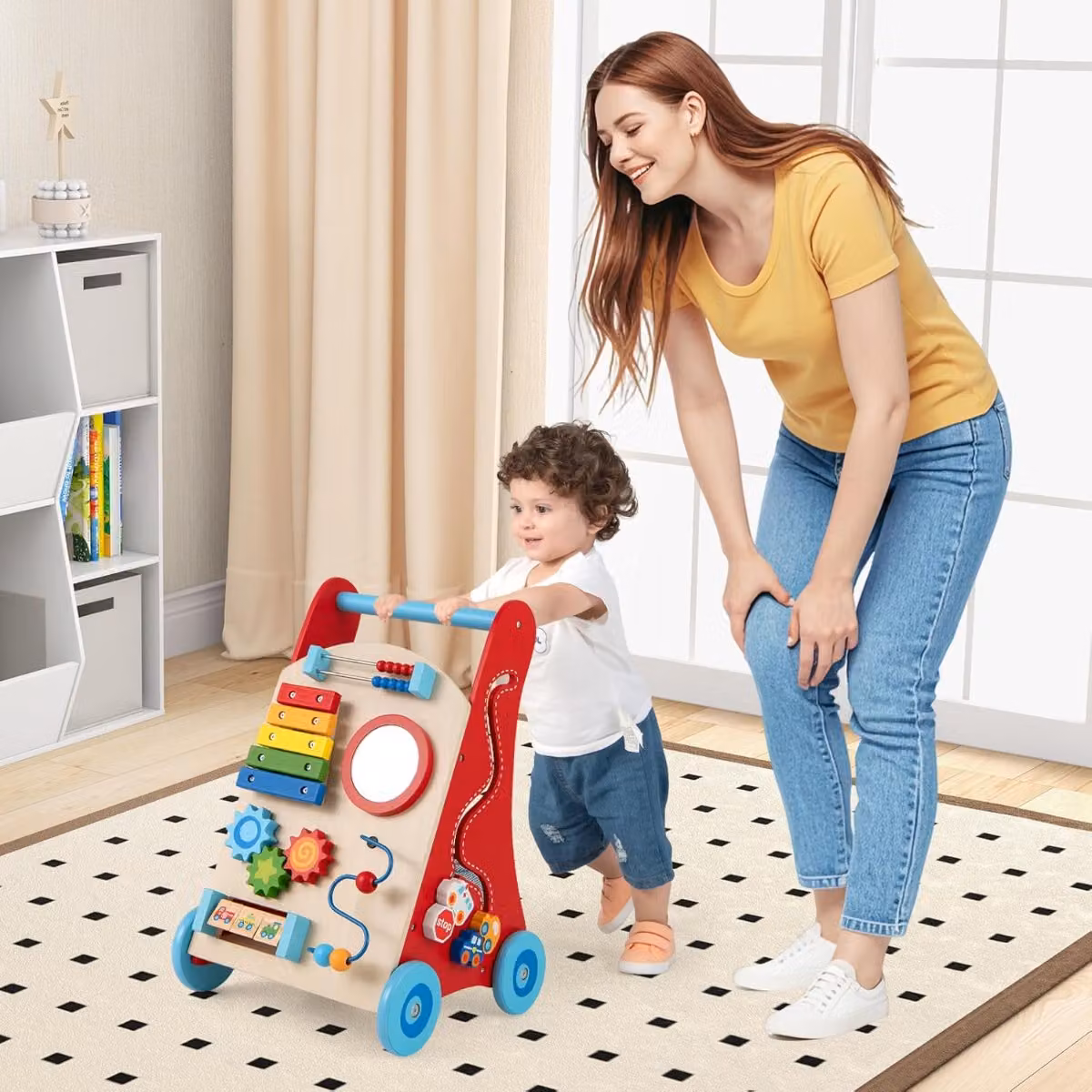 Girello a spinta Costway in legno rosso per bambini con manico e ruote, giocattolo montessori con contenitore per spingere e tirare