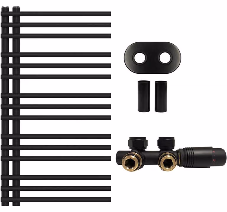 Kit radiatore per bagno Burke - riscaldamento centralizzato - attacco asimmetrico da 50 mm - 348W - colore nero opaco - dimensioni 900x500 mm